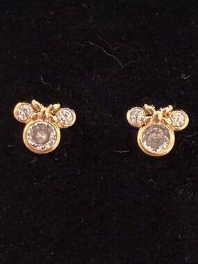 14K Gold Plated - S925 Sterling Silver Stud CZ Earrings - Mouse with Bow